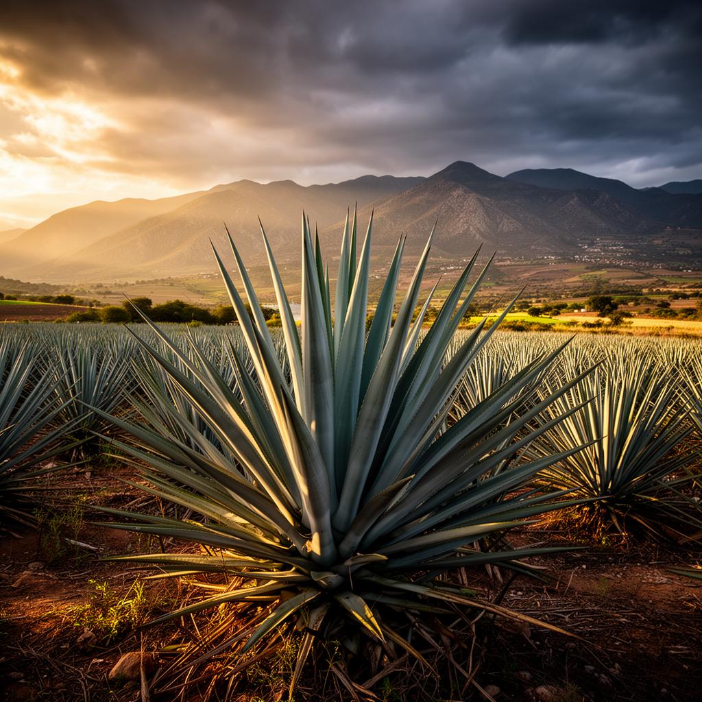 Blue agave plant in the Oaxacan highlands with mountains in the background