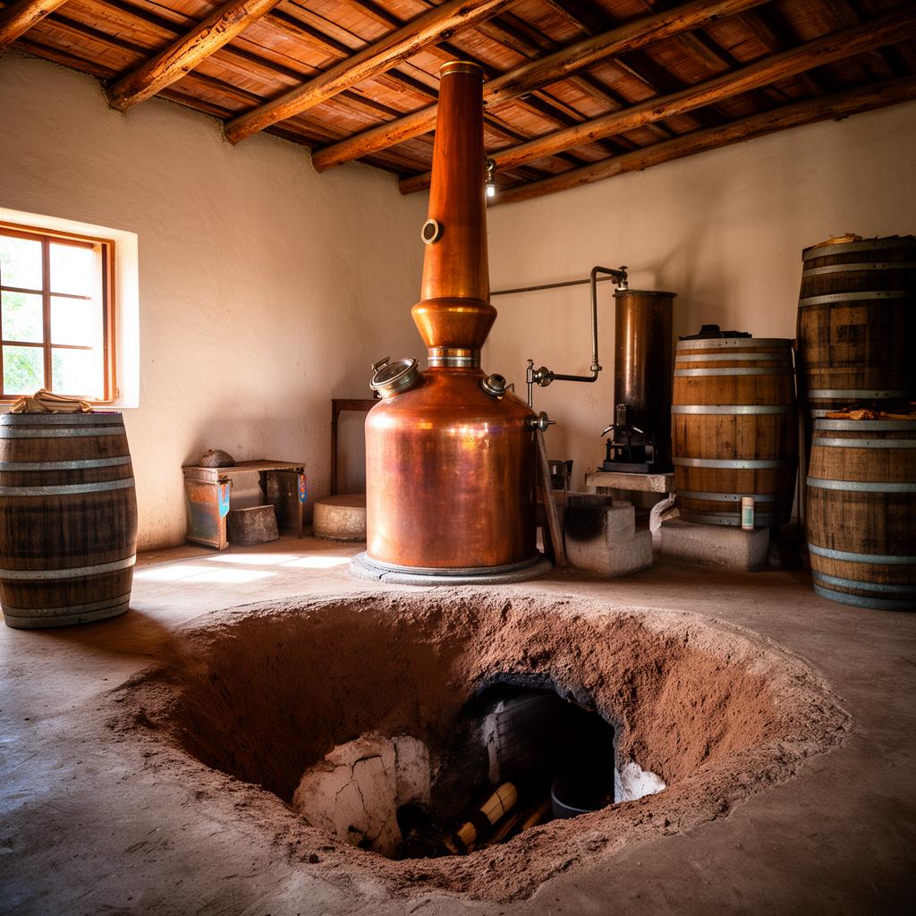 Traditional mezcal palenque with copper still and earthen pit oven in Oaxaca