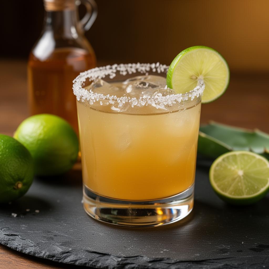 A refreshing mezcalita cocktail with salted rim and lime garnish